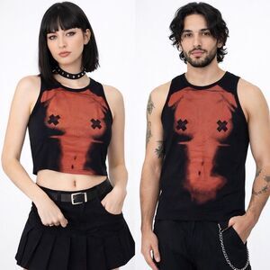 Cider Graphic Torso Print Crop Tank Top Large Black Nipple Cross Pasties Goth